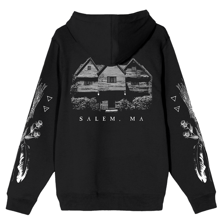 A classic black zip up hoodie with Salem Massachusetts artwork along the front, back, and along the sleeves. 