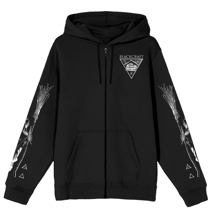 A classic black zip up hoodie with Salem Massachusetts artwork along the front, back, and along the sleeves. 