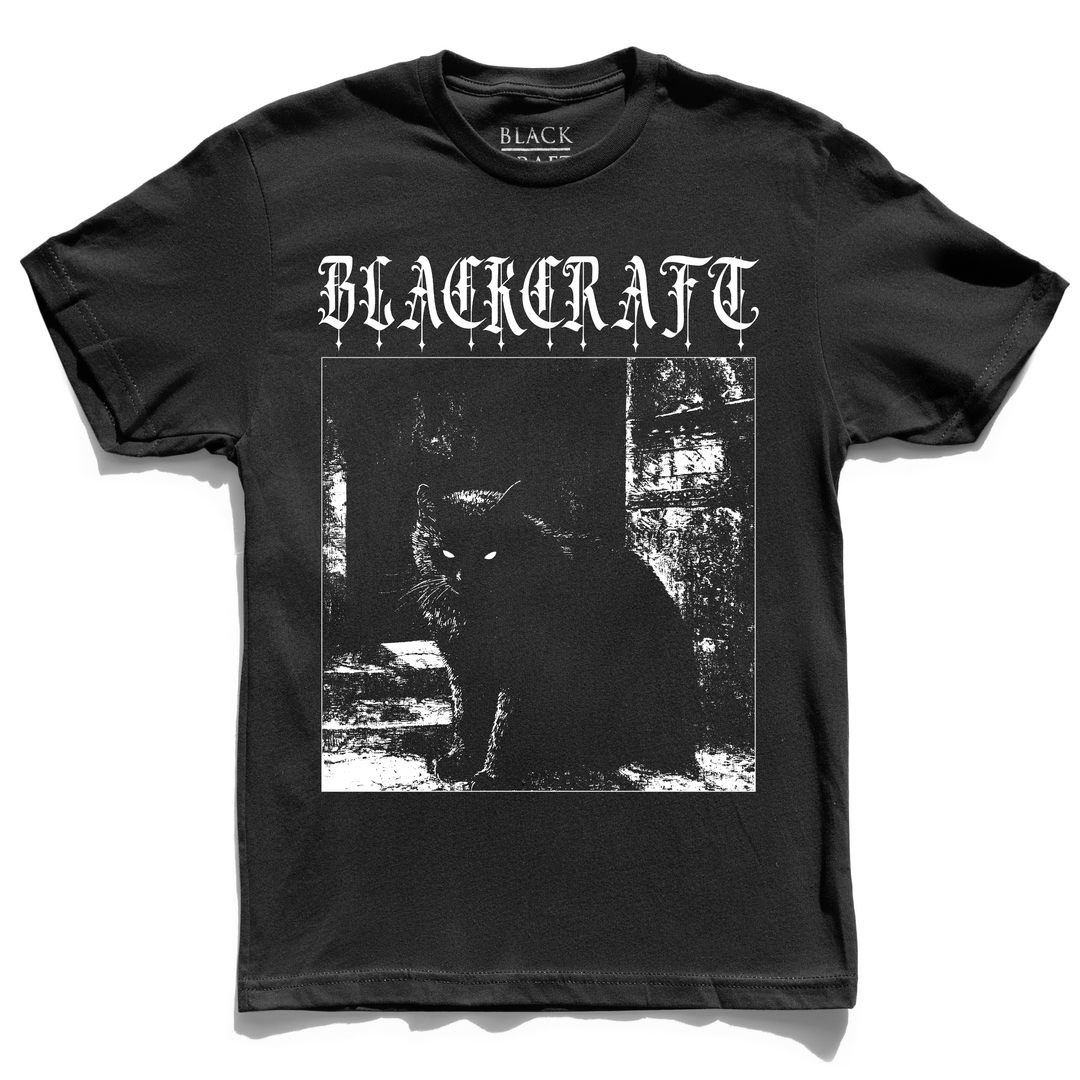 A classic black cotton tee with black cat artwork on the front.
