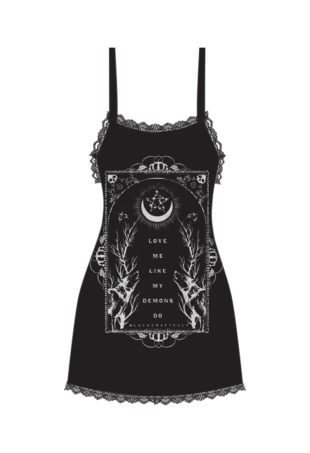 A black soft and stretchy mini slip dress with lace trim detail and adjustable spaghetti straps. With custom Blackcraft artwork on the front. 
