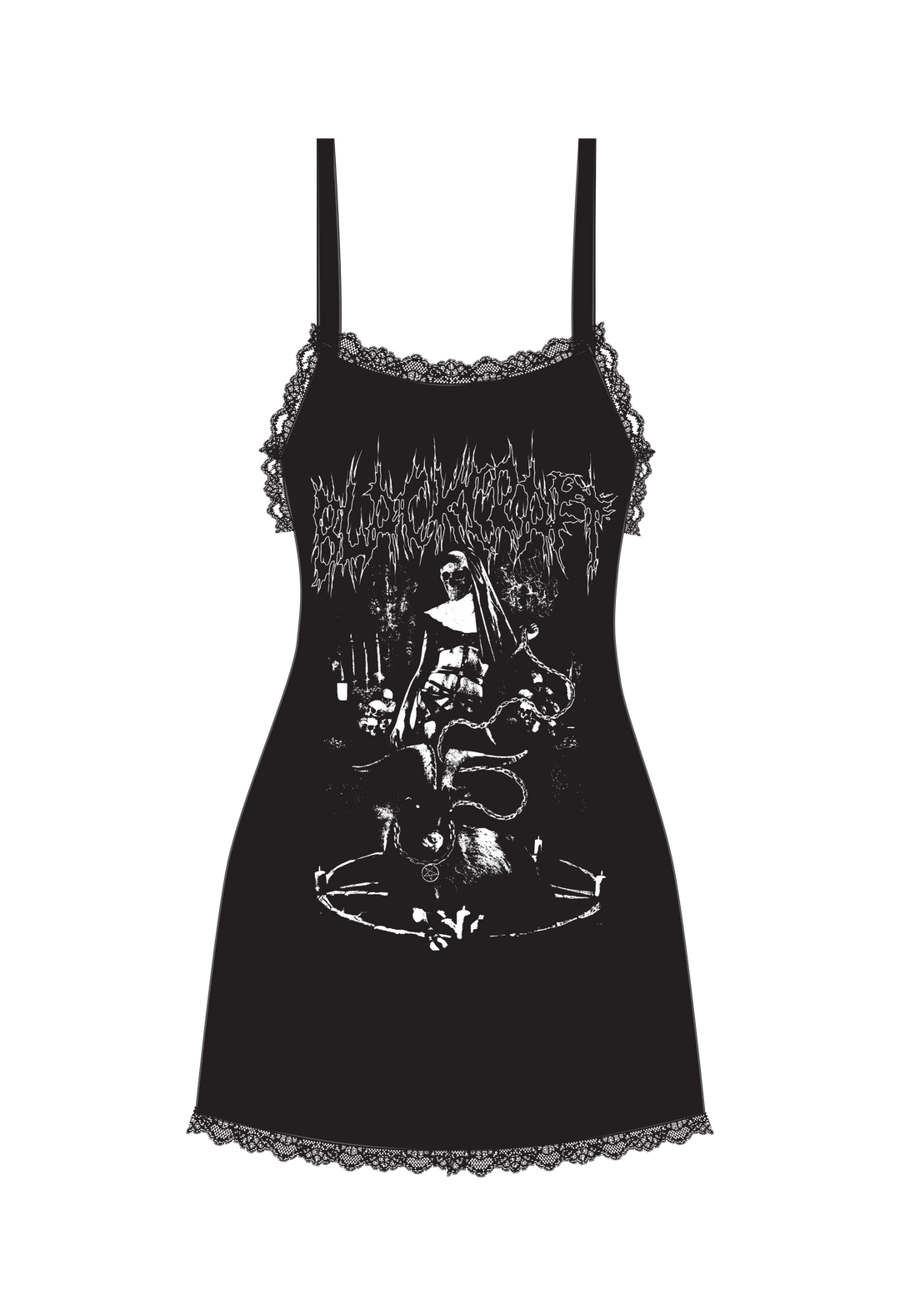 A black soft and stretchy mini slip dress with lace trim detail and adjustable spaghetti straps. With custom Blackcraft artwork on the front. 