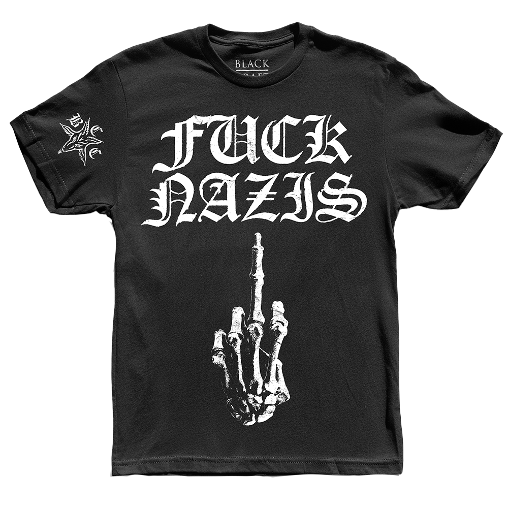 A classic black cotton tee shirt with custom skeleton middle finger artwork on the front.