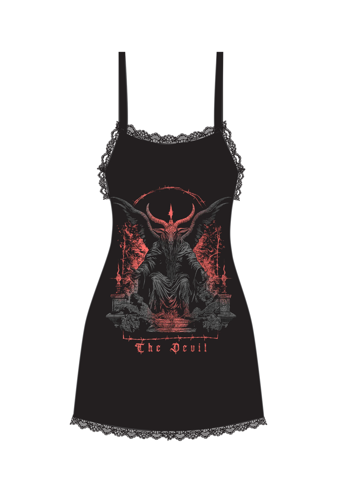 A black soft and stretchy mini slip dress with lace trim detail and adjustable spaghetti straps. With custom Blackcraft artwork on the front. 