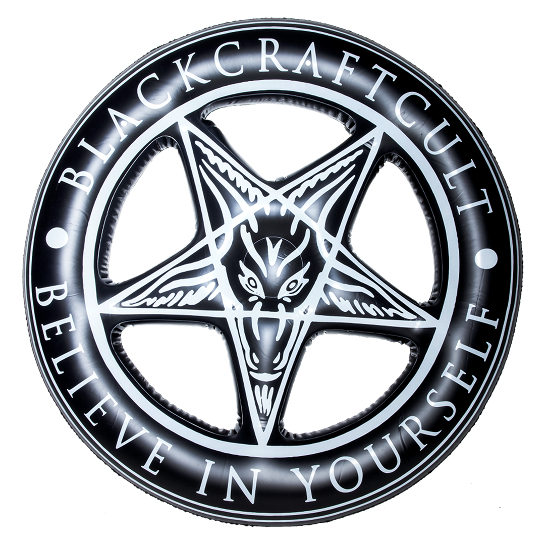 A black inflatable circular pool float with pentagram interior and custom blackcraft artwork. 