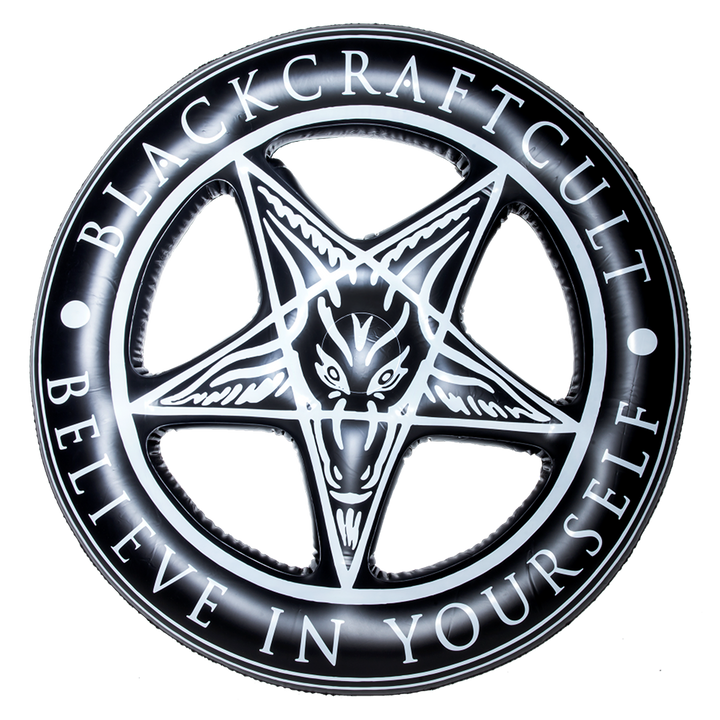A black inflatable circular pool float with pentagram interior and custom blackcraft artwork. 