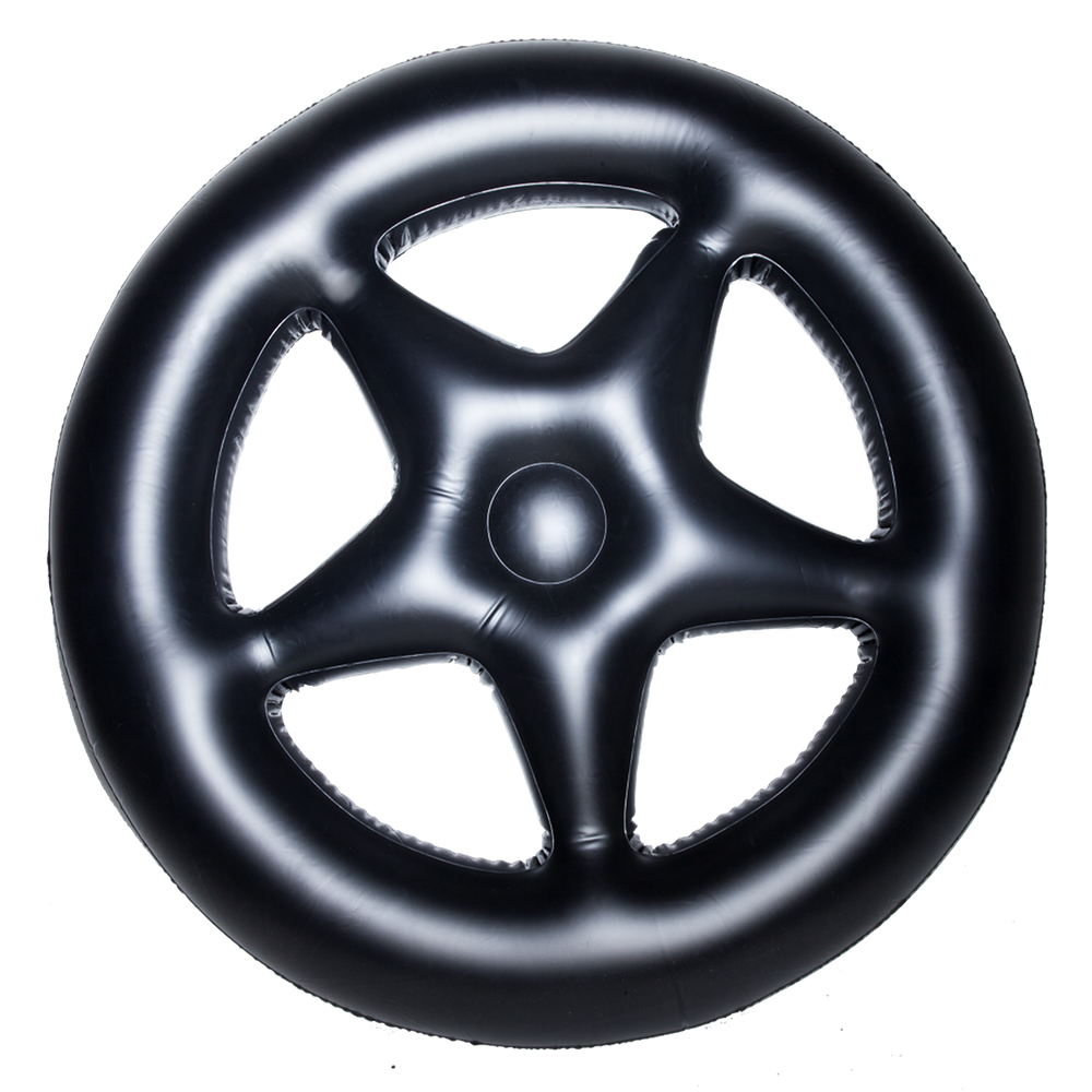 A black inflatable circular pool float with pentagram interior and custom blackcraft artwork. 