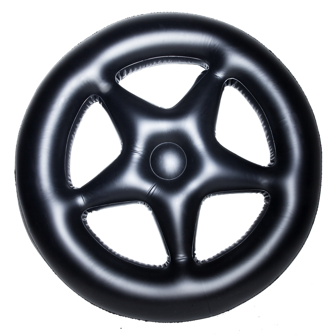 A black inflatable circular pool float with pentagram interior and custom blackcraft artwork. 