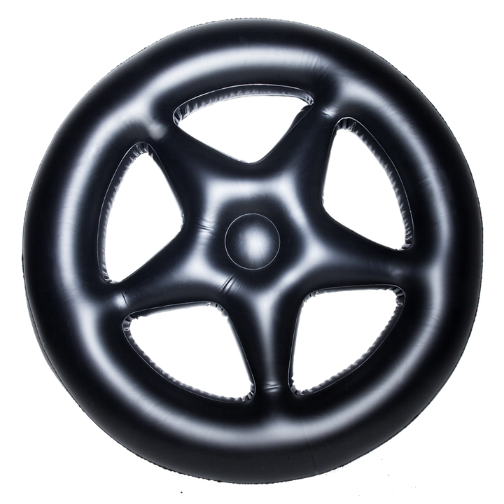 A black inflatable circular pool float with pentagram interior and custom blackcraft artwork. 