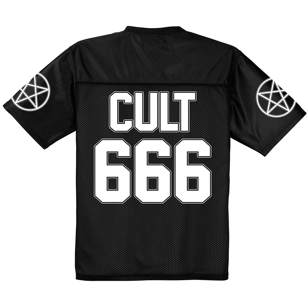 A classic black football jersey with custom Blackcraft artwork on the front, at the back, and on the sleeves.