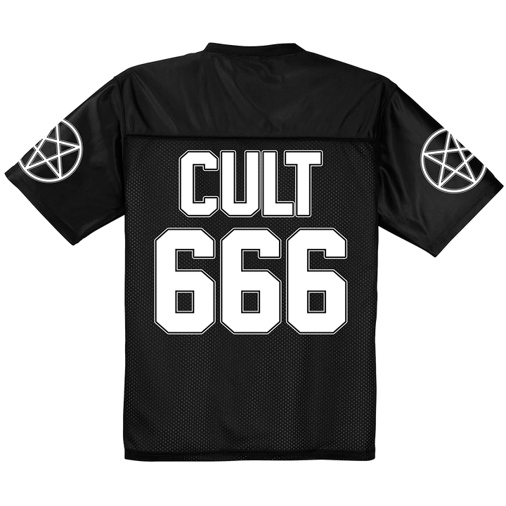 A classic black football jersey with custom Blackcraft artwork on the front, at the back, and on the sleeves.