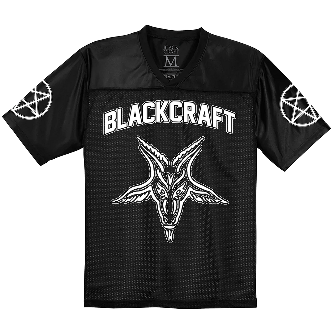 A classic black football jersey with custom Blackcraft artwork on the front, at the back, and on the sleeves.