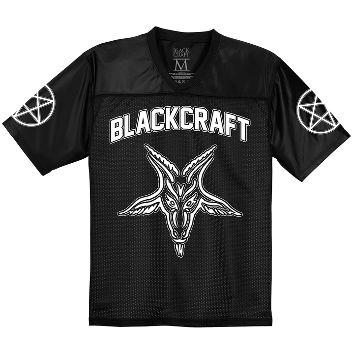 A classic black football jersey with custom Blackcraft artwork on the front, at the back, and on the sleeves.