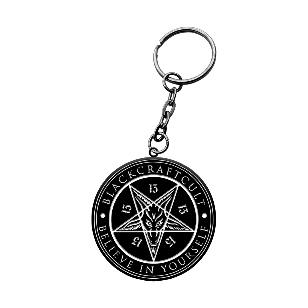 A commemorative enamel keychain celebrating the thirteenth anniversary of Blackcraft.