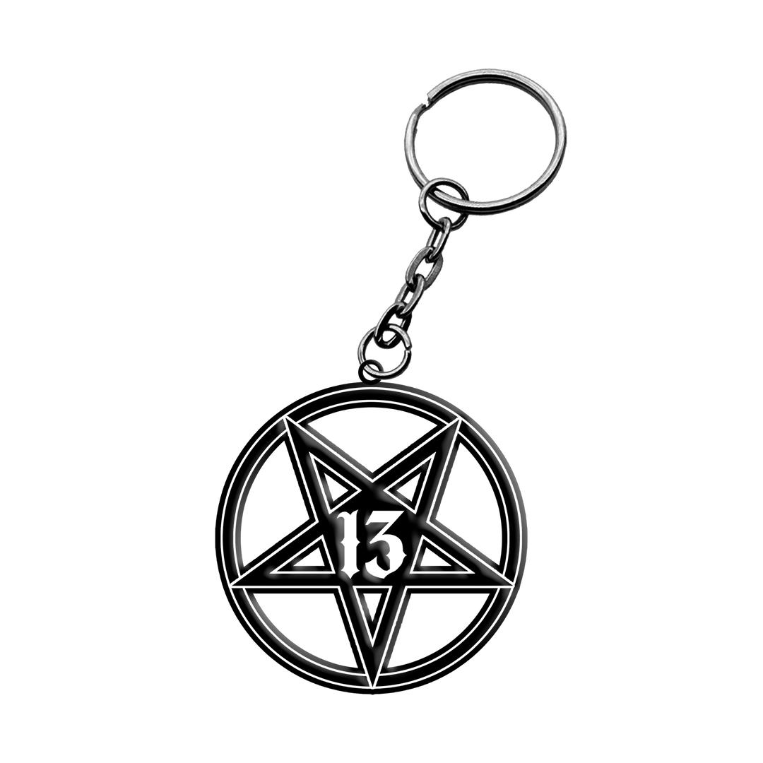 A commemorative enamel keychain celebrating the thirteenth anniversary of Blackcraft.