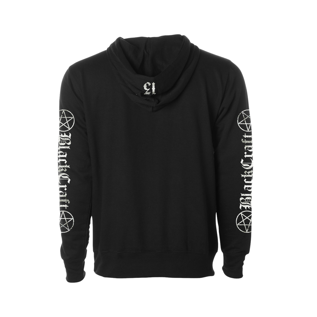 A classic black pullover hoodie with custom Blackcraft artwork across the front and along the sleeves. 