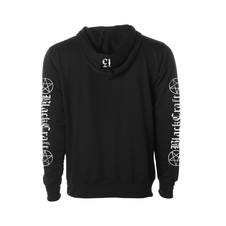 A classic black pullover hoodie with custom Blackcraft artwork across the front and along the sleeves. 