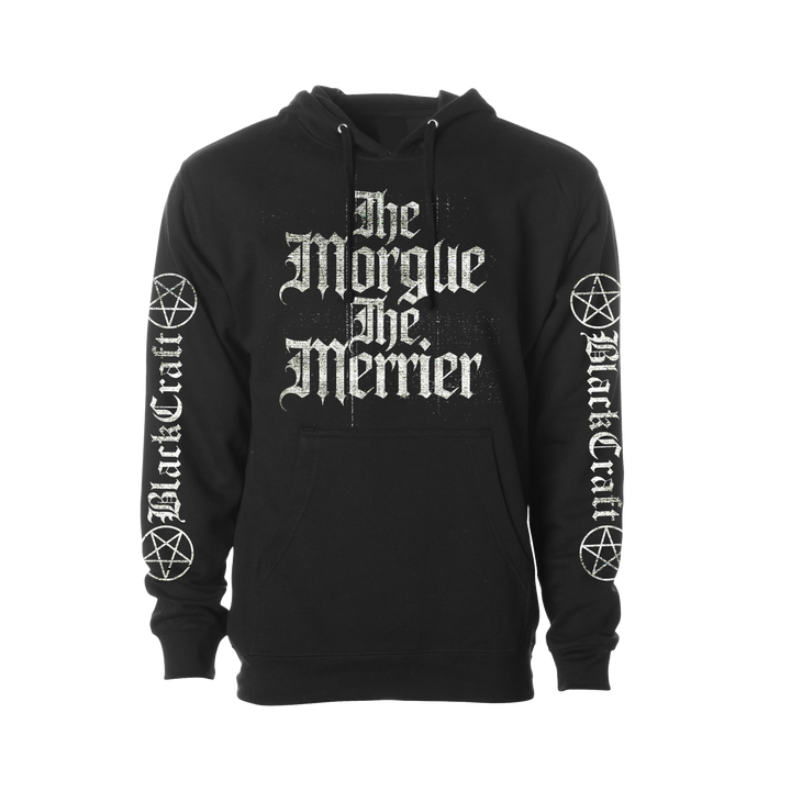 A classic black pullover hoodie with custom Blackcraft artwork across the front and along the sleeves. 
