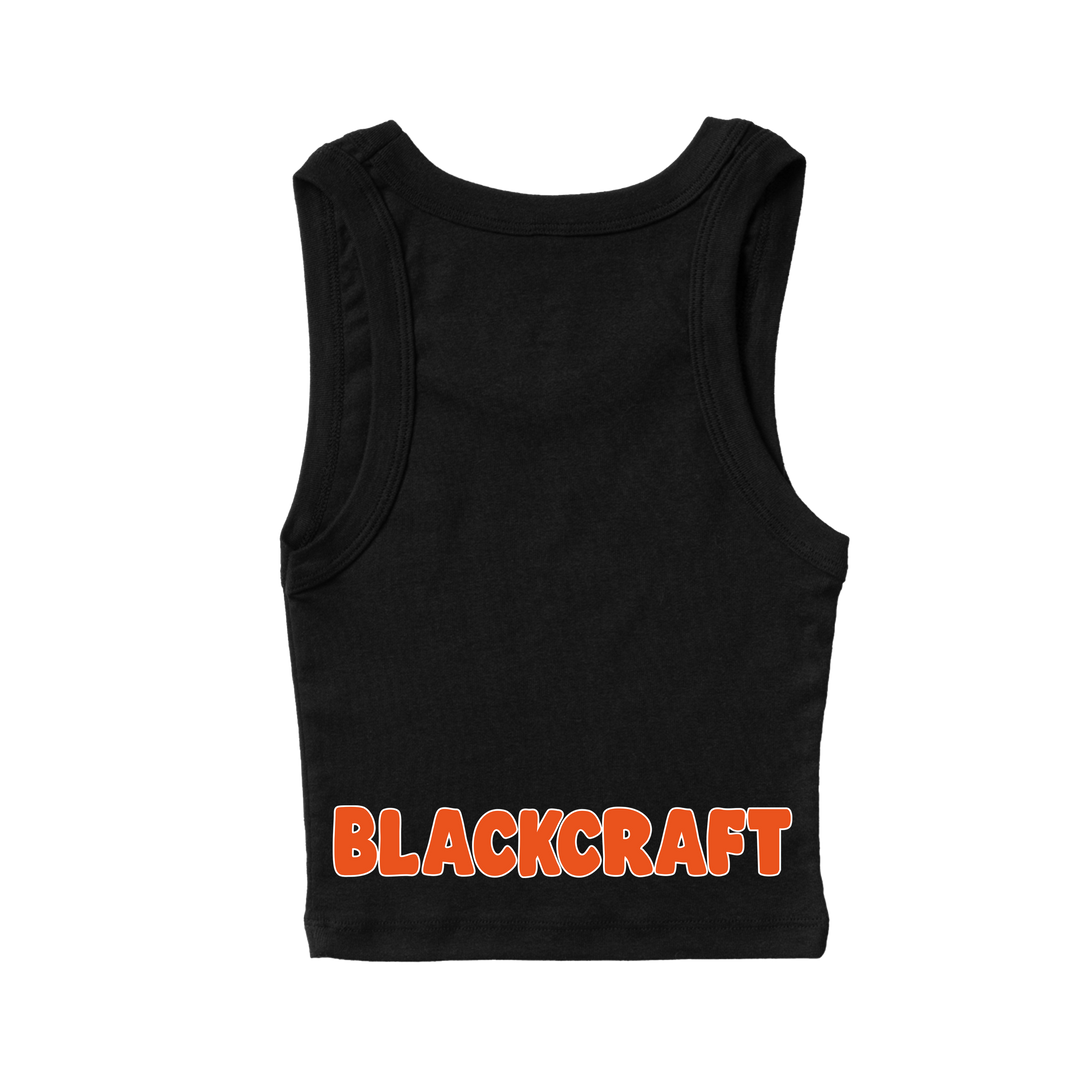 A stretchy cropped black tank top with custom Blackcraft artwork across the front and back. 