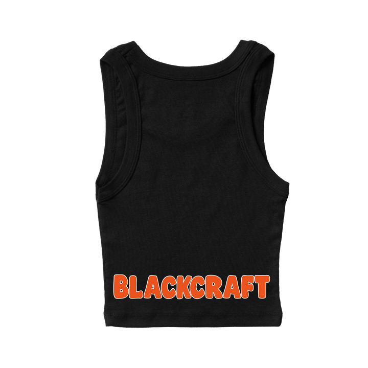 A stretchy cropped black tank top with custom Blackcraft artwork across the front and back. 