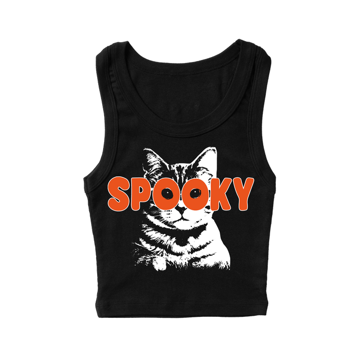 A stretchy cropped black tank top with custom Blackcraft artwork across the front and back. 