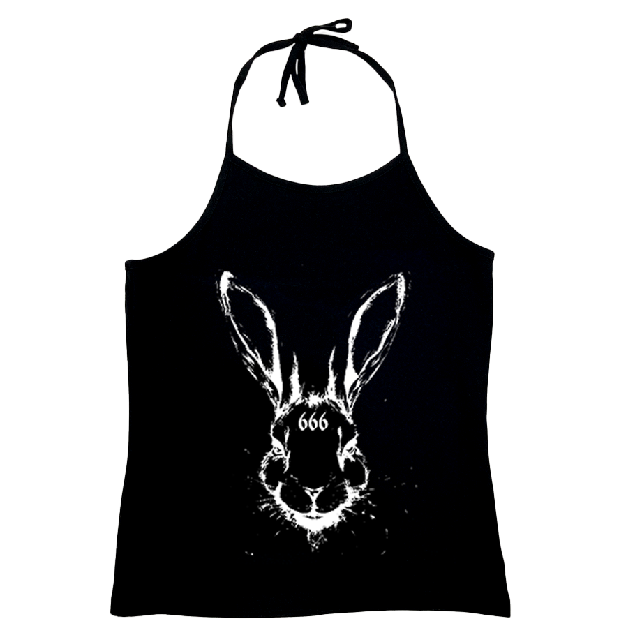 A black slim fit halter tank top with custom six six six bunny artwork on the front.
