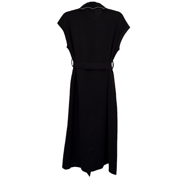 A classic black shirt dress with a spider web inspired collar with contrast white trim, an embroidered spider detail, a button front, short sleeves, and an adjustable waist tie. 