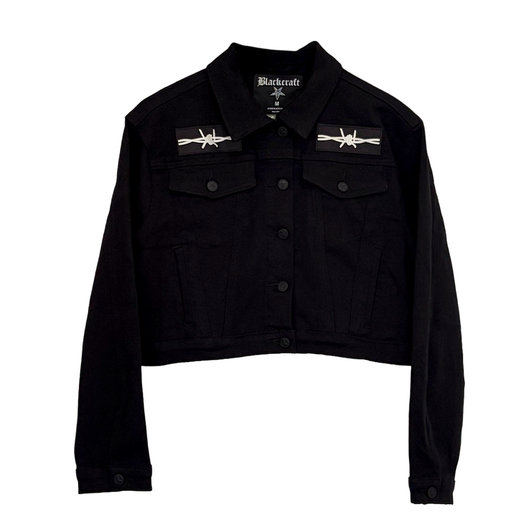 Black jacket with barbed wire designs on a white background
