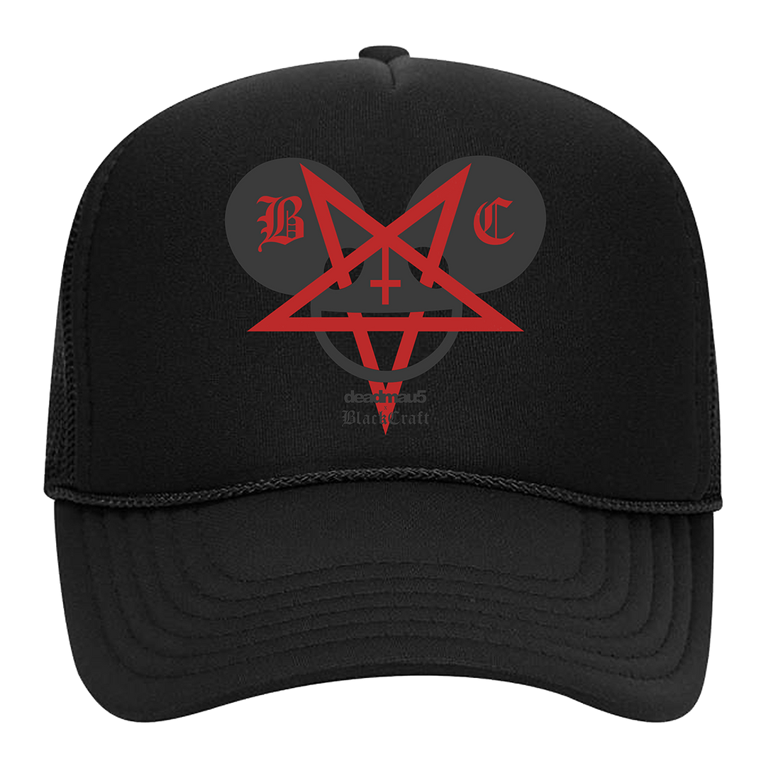A classic black foam trucker hat with custom Blackcraft x Deadmau5 artwork on the front.