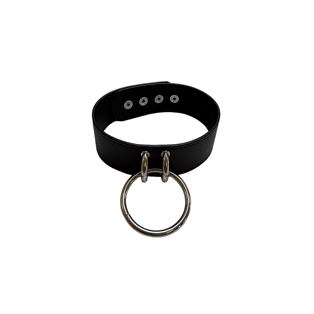 A soft vegan leather black gothic choker with oversized metal O ring