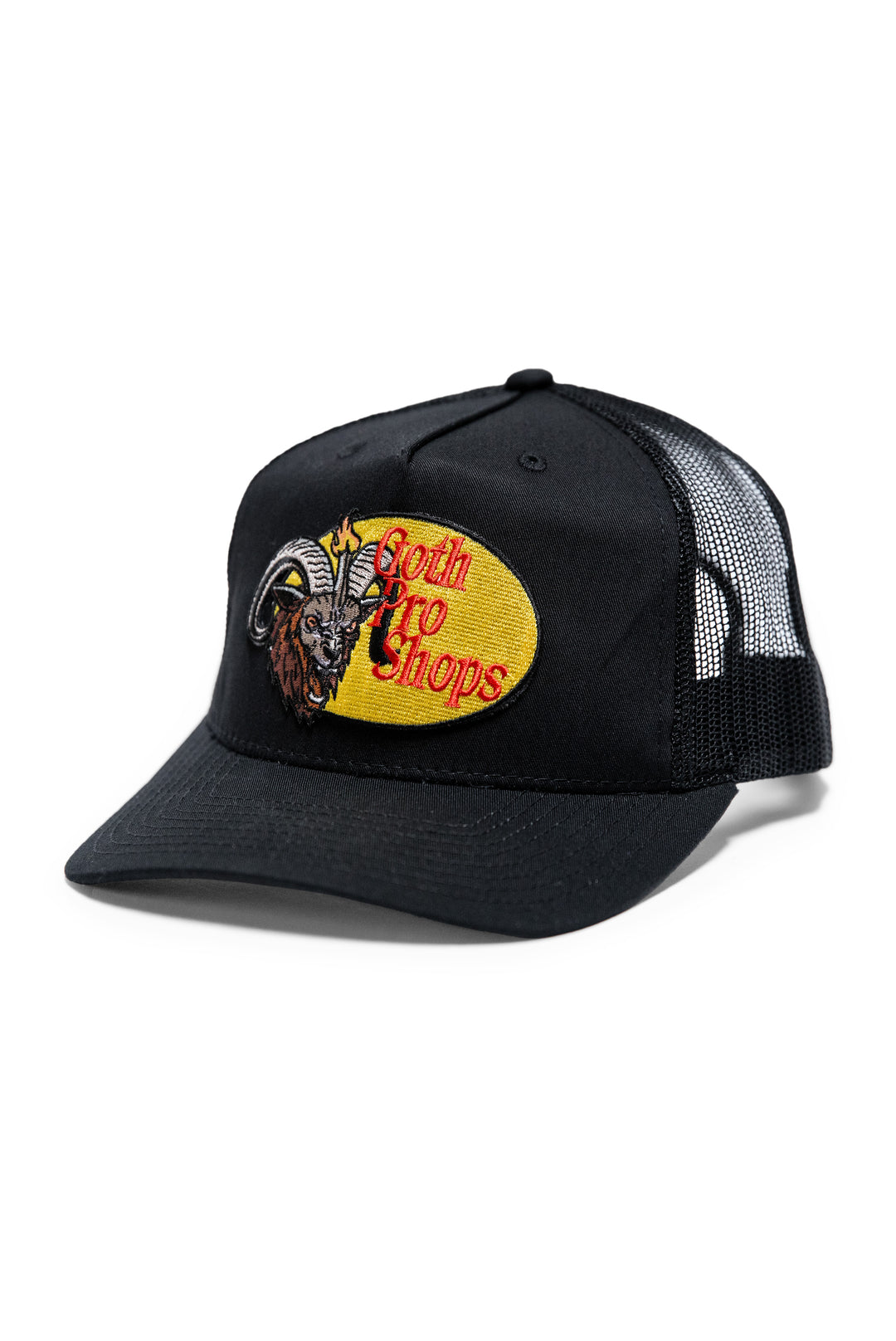 A classic black trucker hat with Goth Pro Shops patch on the front.
