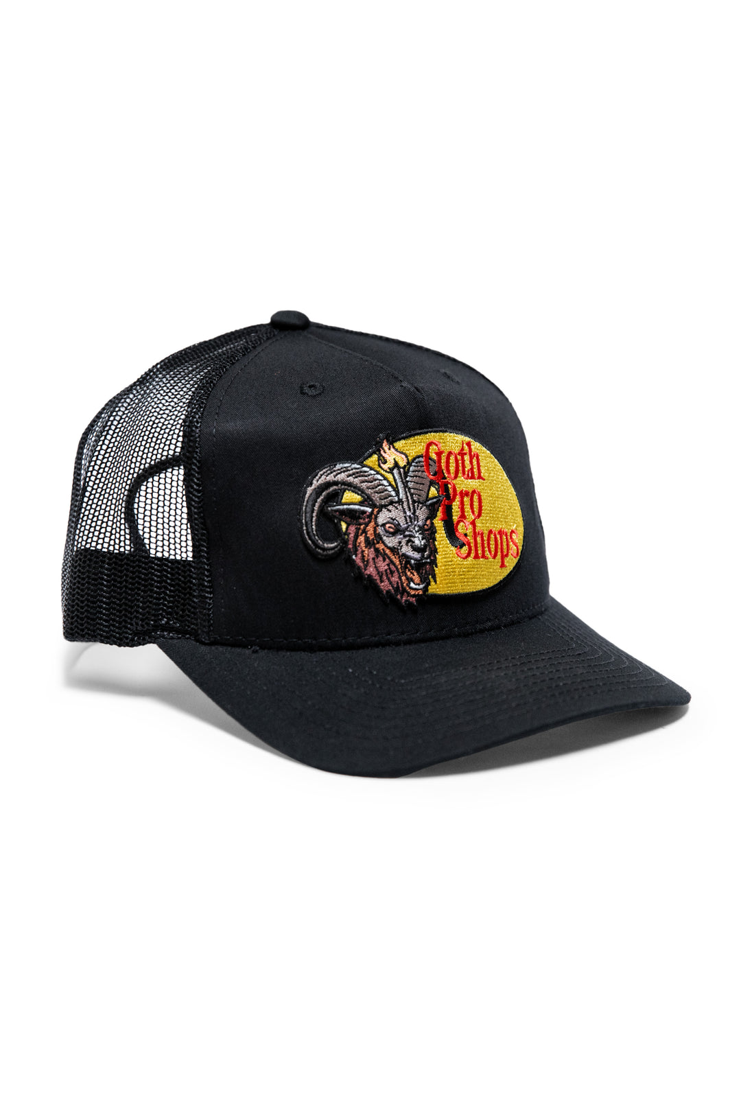 A classic black trucker hat with Goth Pro Shops patch on the front.