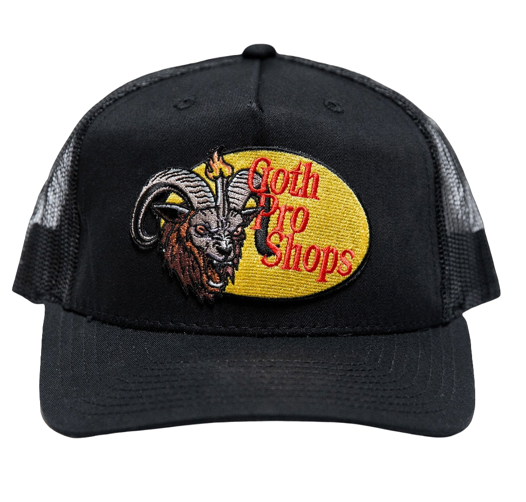 A classic black trucker hat with Goth Pro Shops patch on the front.