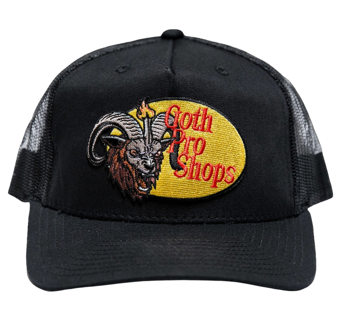 A classic black trucker hat with Goth Pro Shops patch on the front.