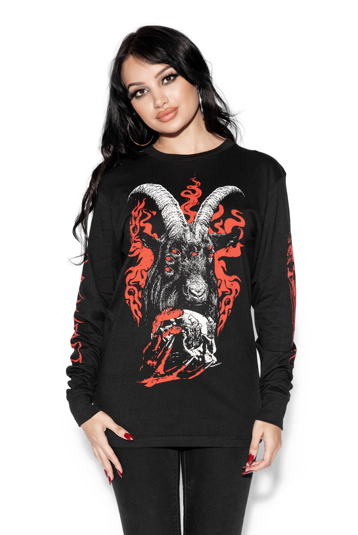 A model wearing a classic black cotton long sleeve tee shirt with custom Blackcraft artwork on the front and along the sleeves. 