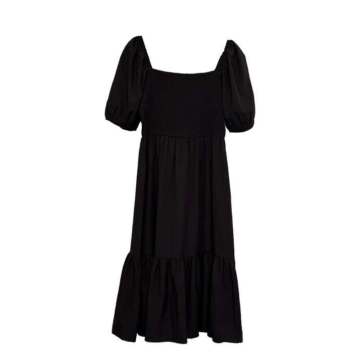 A black gothic maxi dress with short puff sleeves, a long flowy tiered skirt, and a half smocked bodice at the back for a slim fit.