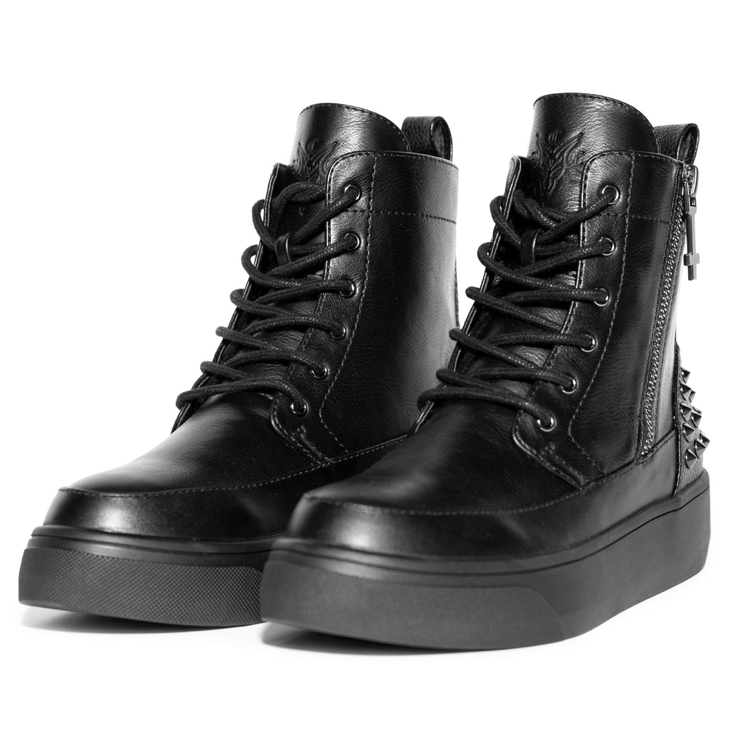 An all black sneaker boot with studded accents.