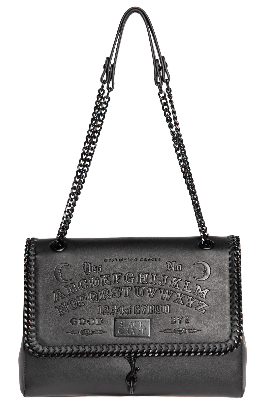 Black PU leather flap shoulder bag with adjustable drop strap and embossed Ouija design.