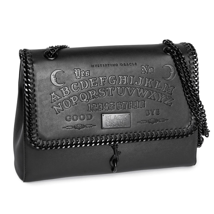 Black PU leather flap shoulder bag with adjustable drop strap and embossed Ouija design.