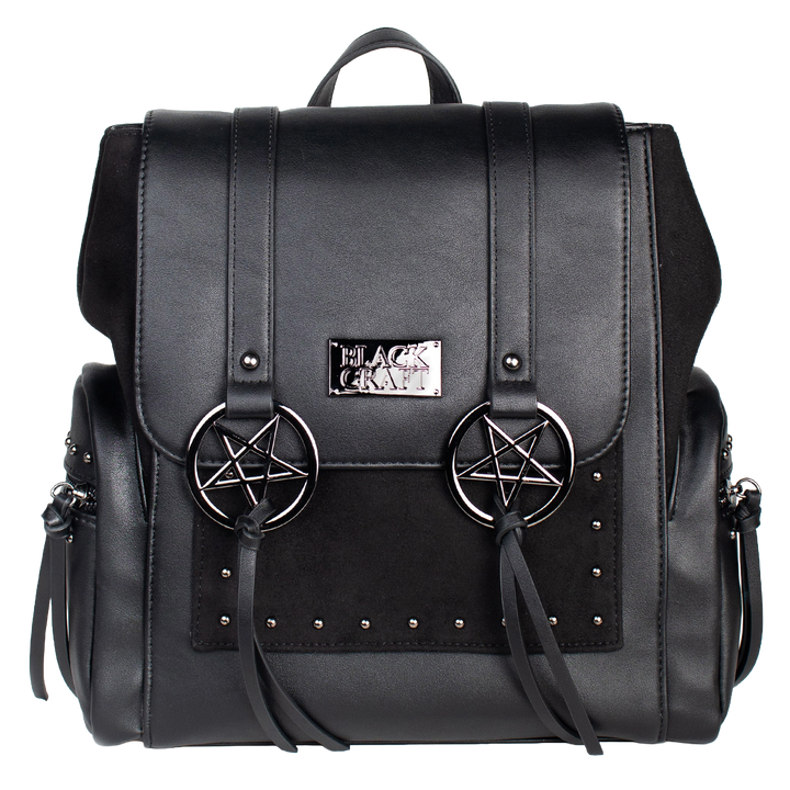 Black backpack with adjustable straps, faux suede detail on front slit pocket and gunmetal finish hardware.