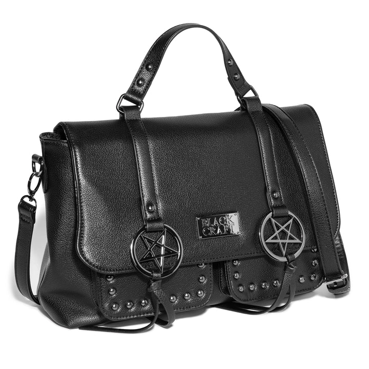 Black faux leather messenger bag with gunmetal finish pentagrams and Blackcraft logo plaque. 