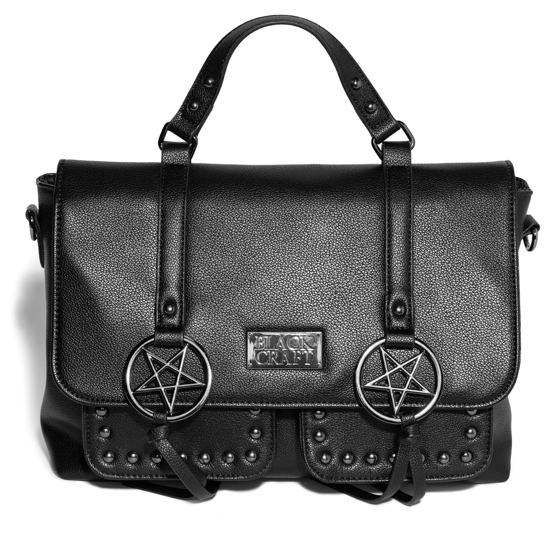 Black faux leather messenger bag with gunmetal finish pentagrams and Blackcraft logo plaque. 
