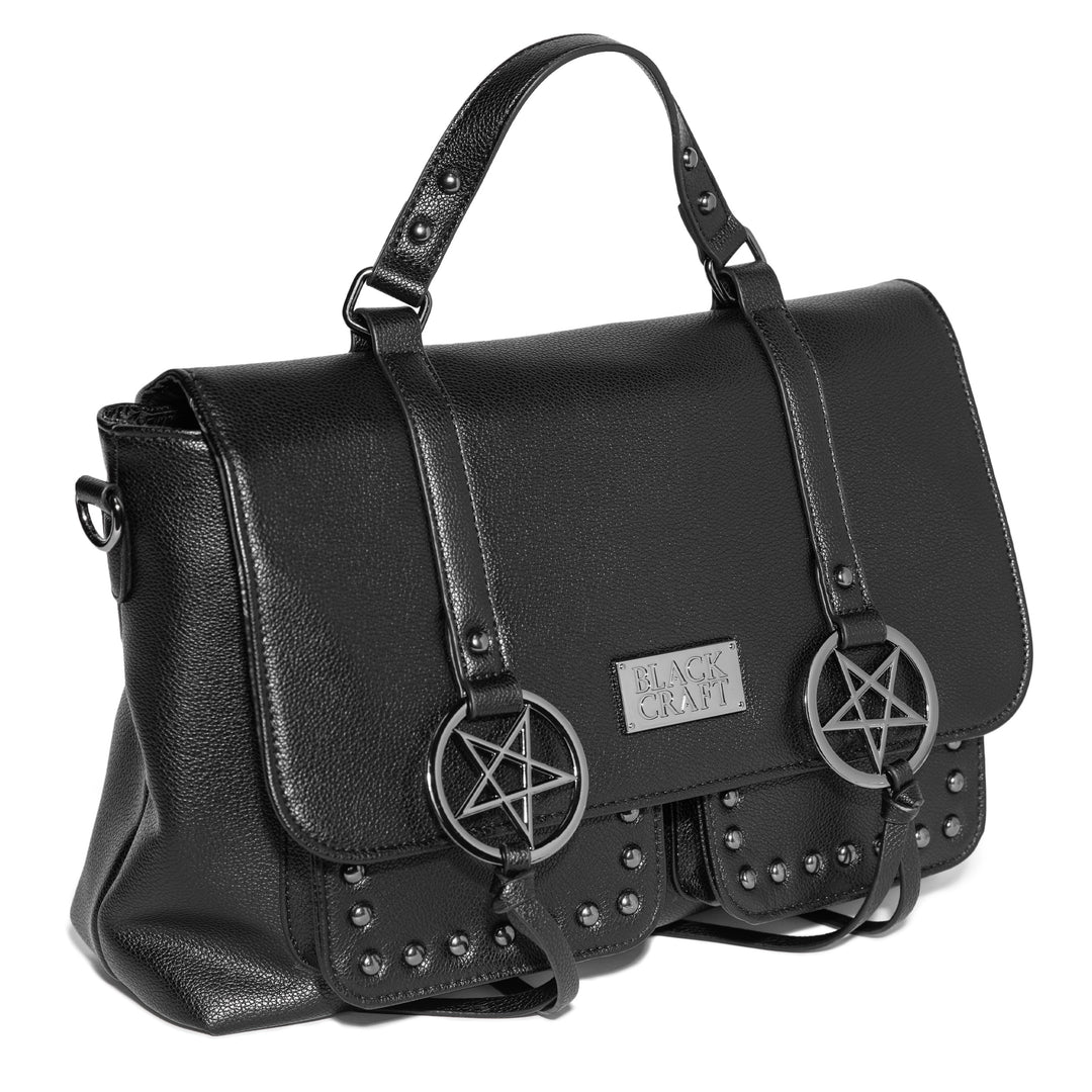Black faux leather messenger bag with gunmetal finish pentagrams and Blackcraft logo plaque. 