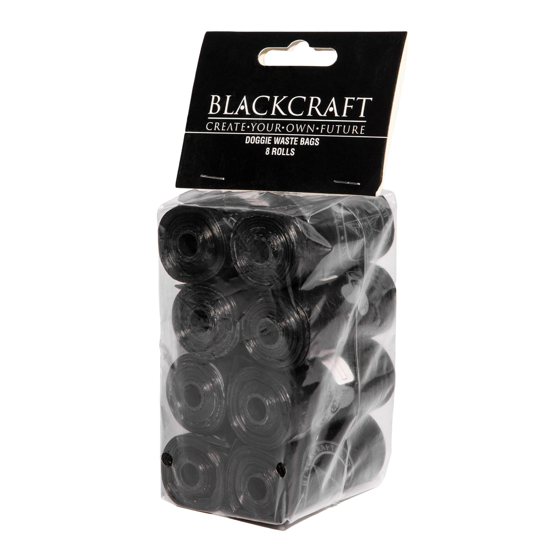 A set of eight black dog poop bags from Blackcraft.