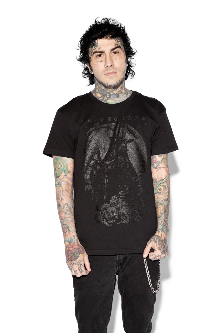 A model wearing a classic black cotton tee with custom Blackcraft artwork on the front. 