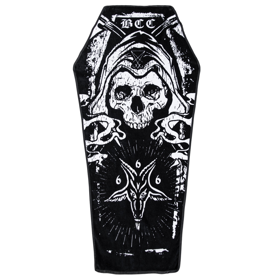 A black coffin shaped towel with Blackcraft artwork. Perfect for the beach or at home.