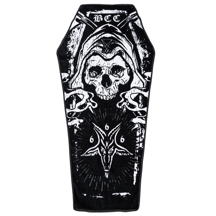 A black coffin shaped towel with Blackcraft artwork. Perfect for the beach or at home.