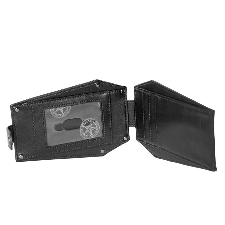 Black faux leather cardholder in coffin shape.
