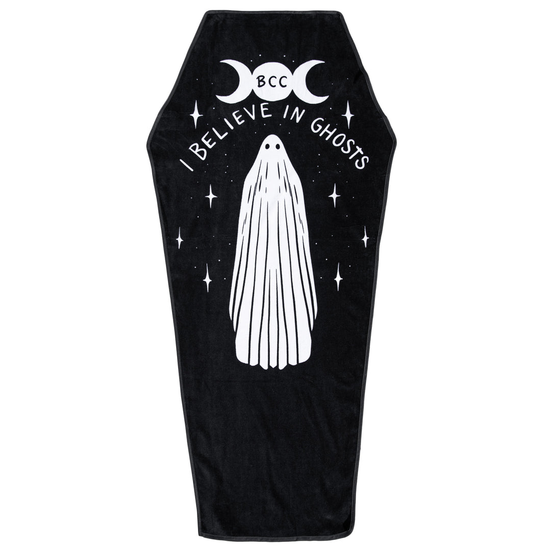 A black coffin shaped towel with Blackcraft artwork. Perfect for the beach or at home.