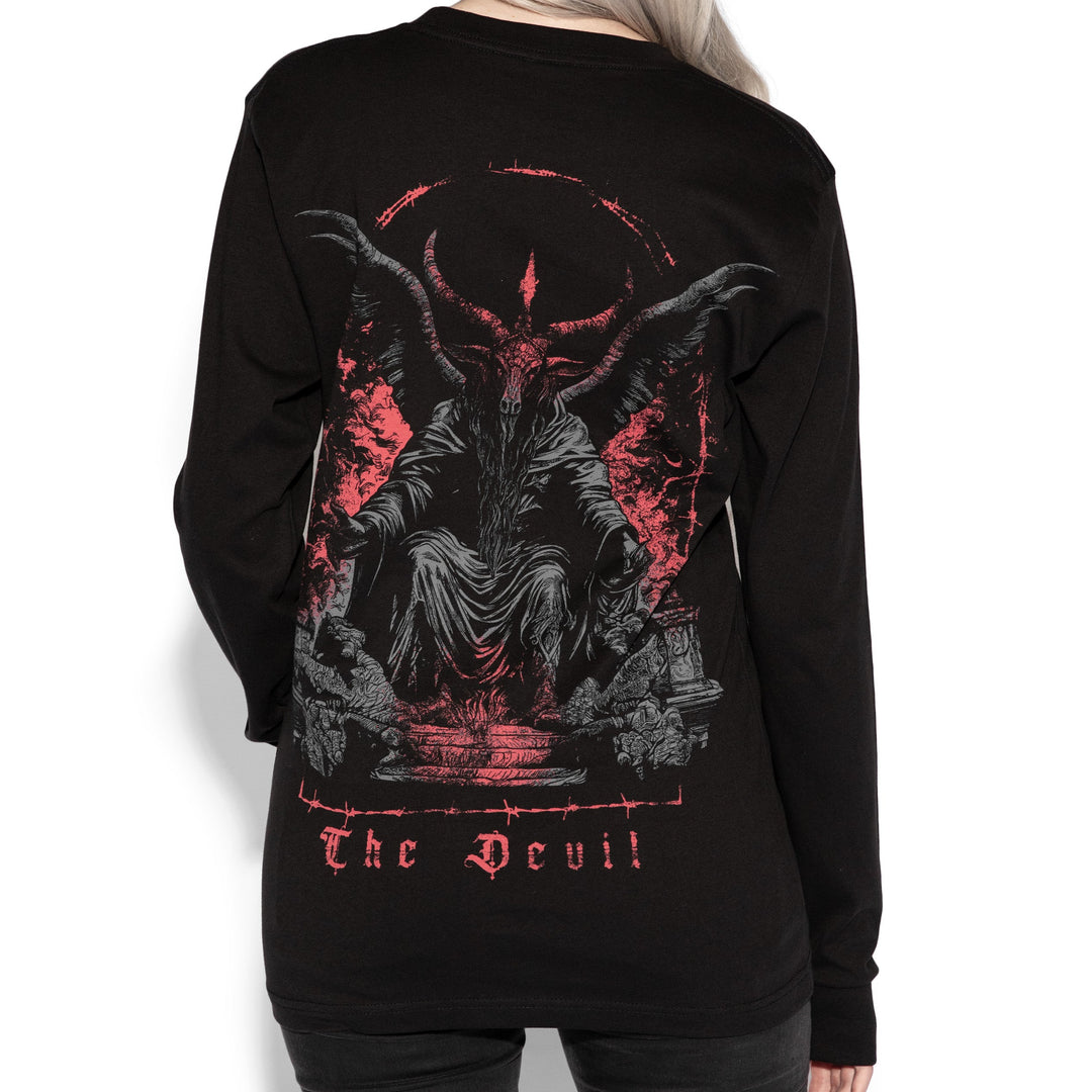 A model wearing a classic black long sleeve cotton tee with custom Blackcraft artwork on the front and back. 