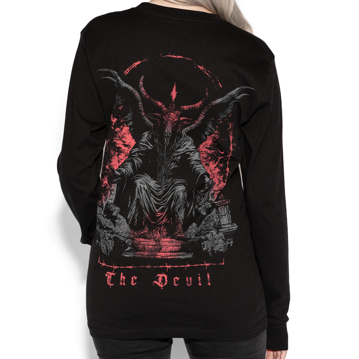 A model wearing a classic black long sleeve cotton tee with custom Blackcraft artwork on the front and back. 